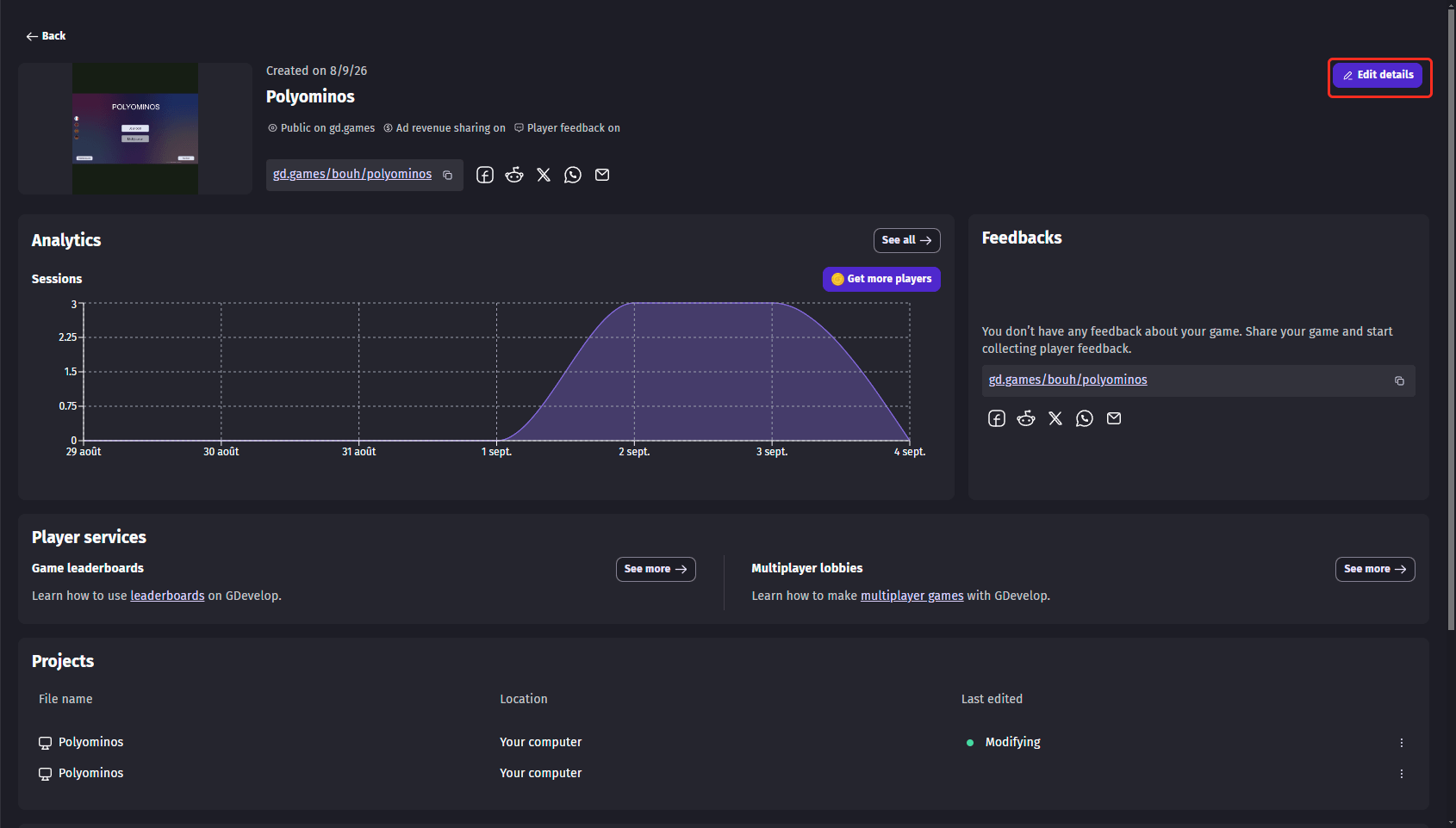 The dashboard of a game, with its link and its analytics
