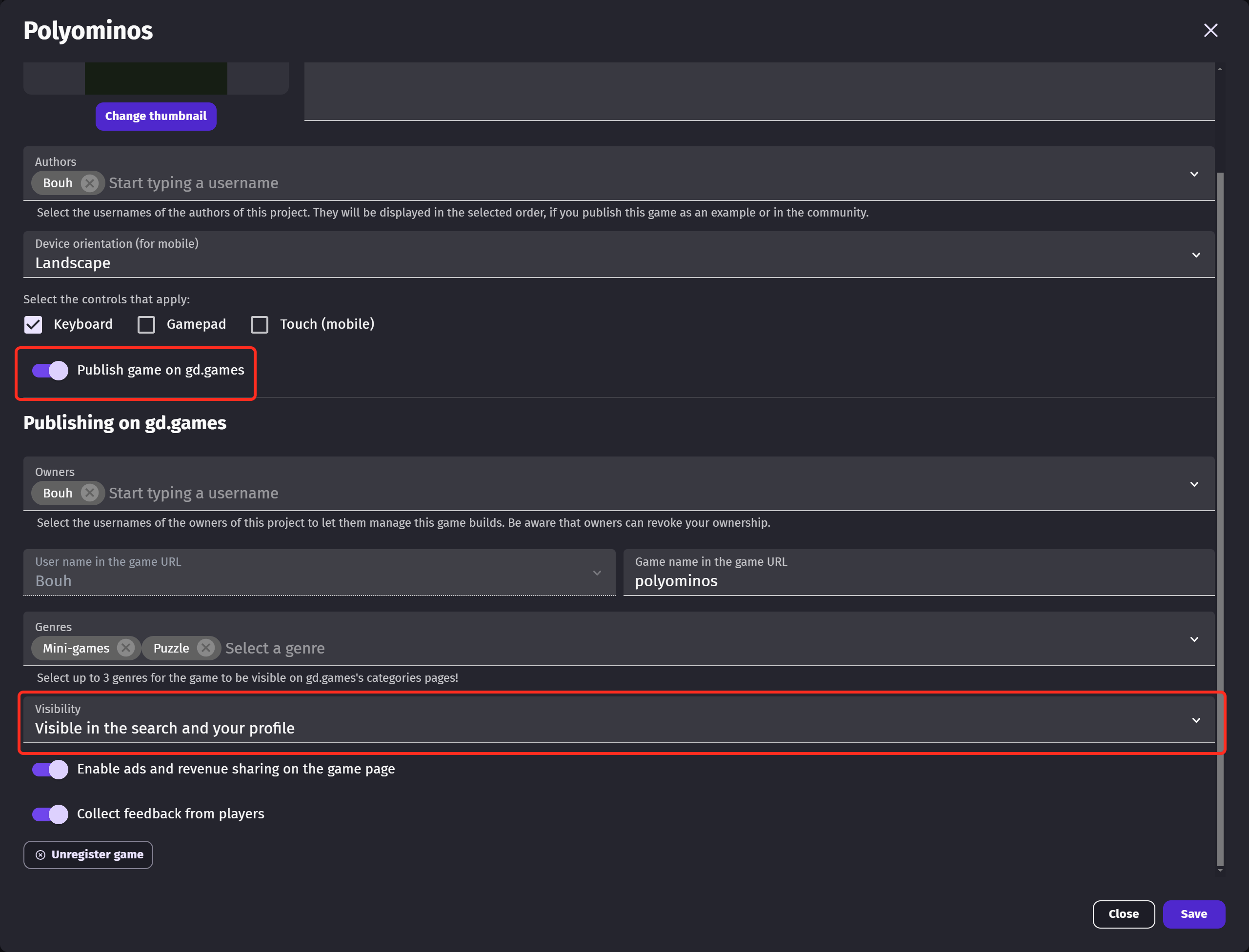 The publishing settings of a game, with the switch to publish it on gd.games