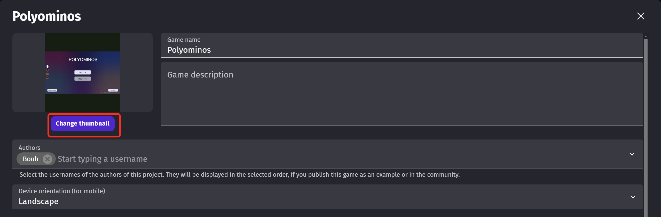 The game details, with the thumbnail of the game and the Change thumbnail button