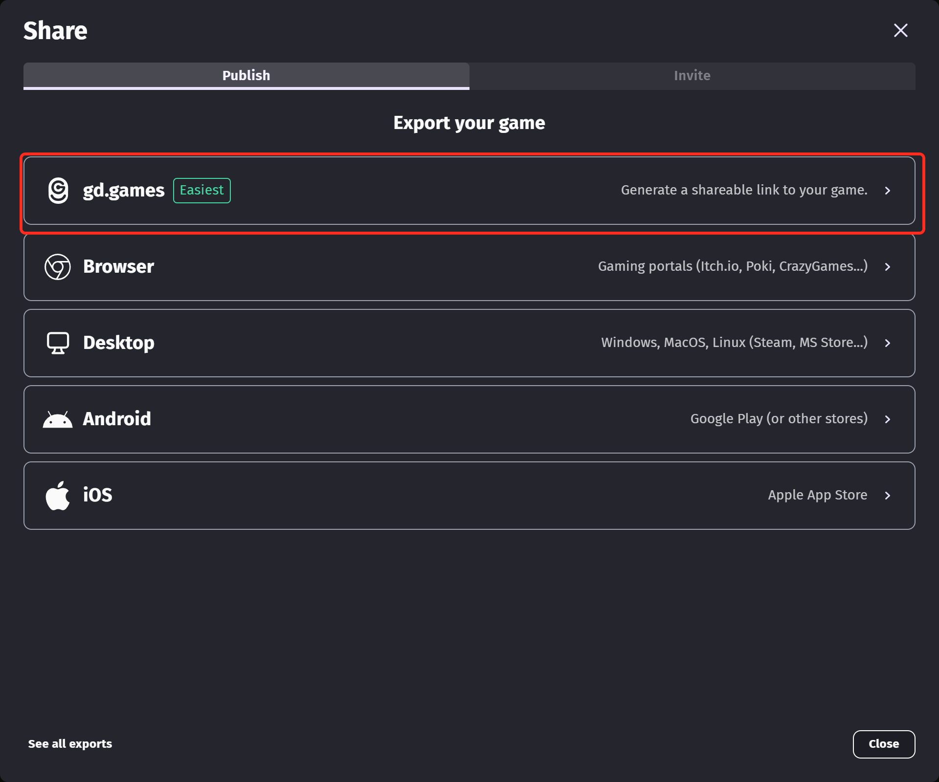 The Share dialog, with gd.games at the top of the list of exports